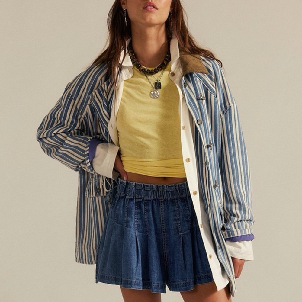 Free People We The Free Striped Denim Barn Coat Wagner Cotton Large NWT NEW